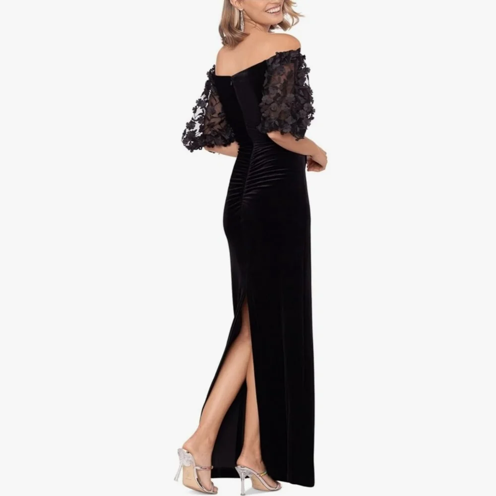 Xscape Womens Black‎ Velvet Floral Puff Sleeve Evening Gown SIZE 6